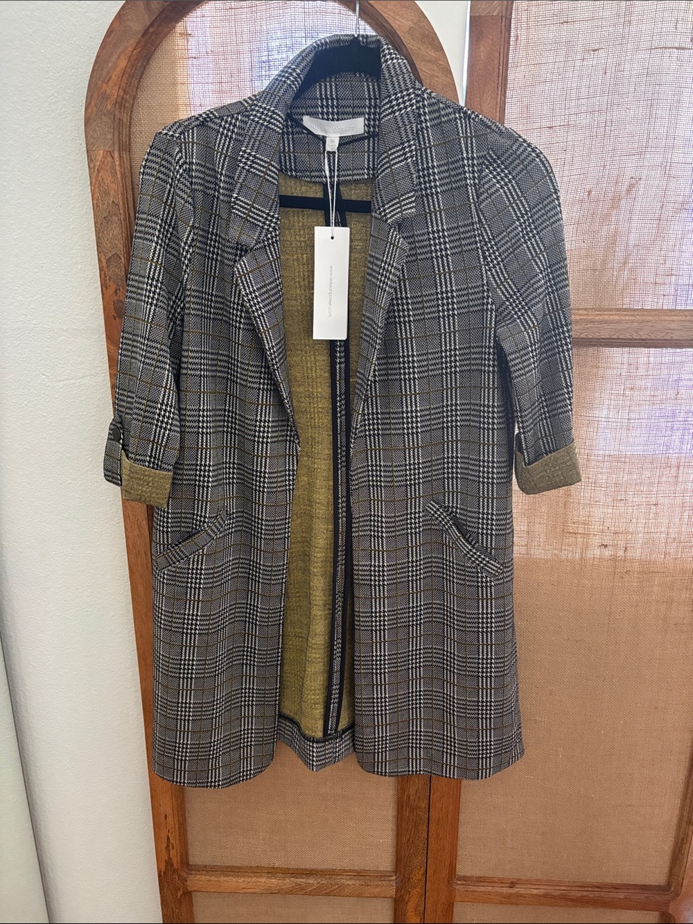 Black/Green Plaid Open-Front Blazer with Olive Lining